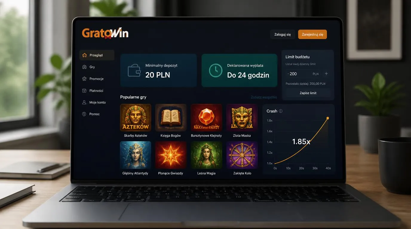 Panel kasyna z depozytem 20 PLN, wypłatą do 24 godzin i biblioteką gier na ekranie laptopa