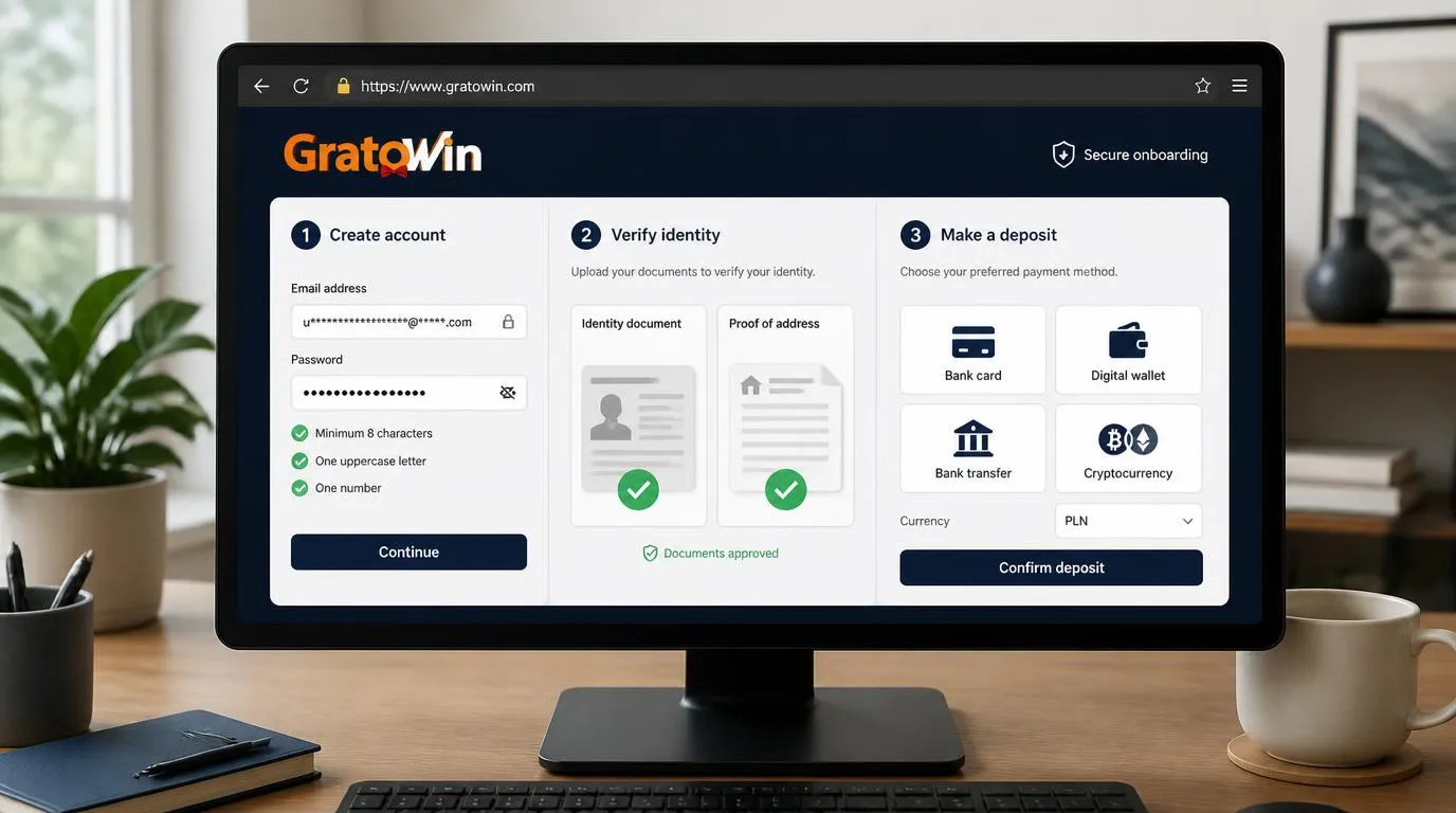 Panel konta kasyna z etapami rejestracji, weryfikacji dokumentów i wyboru metody wpłaty