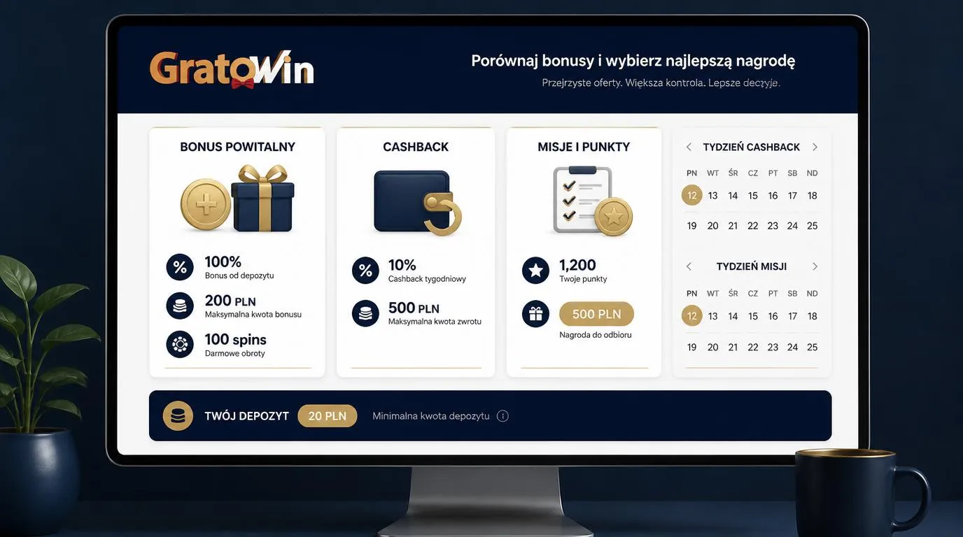 Trzy karty promocji kasynowych z bonusem powitalnym, cashbackiem i misjami oraz kalendarzem z poniedziałkiem